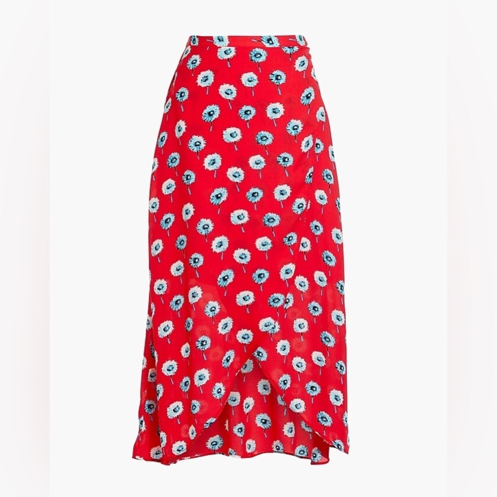 J.‎ Crew Cerise Red Teal Blue Floral Petal Front Midi Wrap Skirt Size MEDIUM